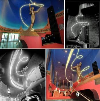 Digital re-creation of the yellow/gold neon rising from the Goddess of Neon sculpture in the Lobby, presented alongside historic B&W photos for comparison (JPG)