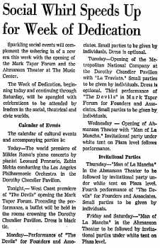 News of the dedication week for the opening of the Mark Taper Forum and the Ahmanson Theatre, as printed in the 9th April 1967 edition of the <i>Los Angeles Times</i> (30 KB PDF)