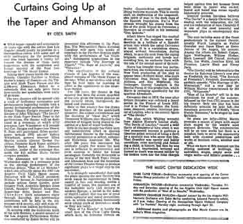 News of the opening of the <i>Mark Taper Forum</i> and the <i>Ahmanson Theatre</i> as printed in the 9th April 1967 edition of the <i>Los Angeles Times</i> (1.7MB PDF)