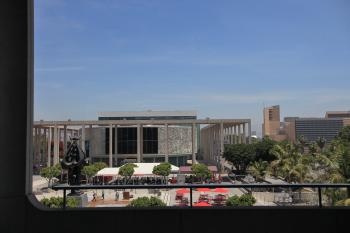 Los Angeles Music Center, Los Angeles: Downtown: Plaza from window in Dorothy Chandler Pavilion