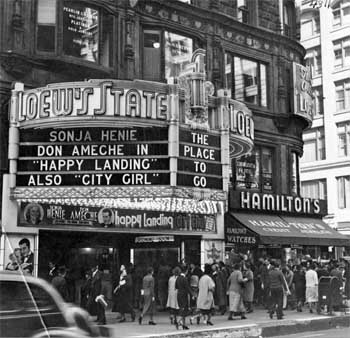 The theatre’s new marquee, installed in 1937, as seen on Broadway in 1938, courtesy Los Angeles Public Library (JPG)