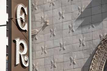 Tower Theatre, Los Angeles, Los Angeles: Downtown: Closeup of Broadway façade after terracotta wall tile restoration in 2019/20
